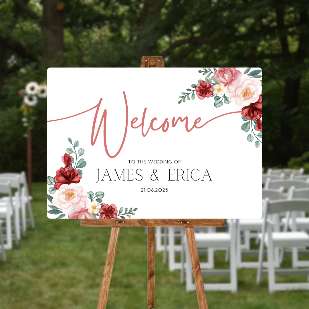 red and cream floral wedding welcome sign - personalised wedding signs