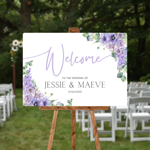 lilac and lavender floral wedding welcome sign - personalised wedding signs