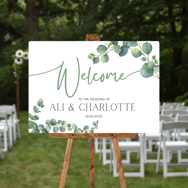 wedding welcome sign featuring eucalyptus foliage