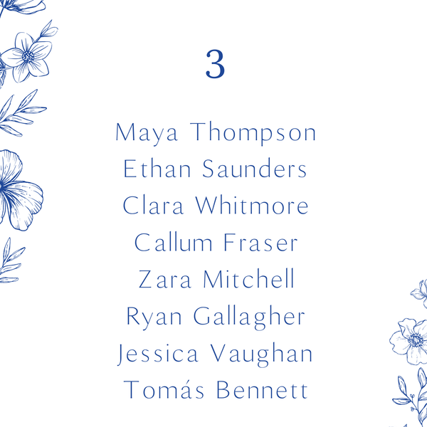 Santorini wedding seating plan cards with blue botanical sketches and elegant handwritten script