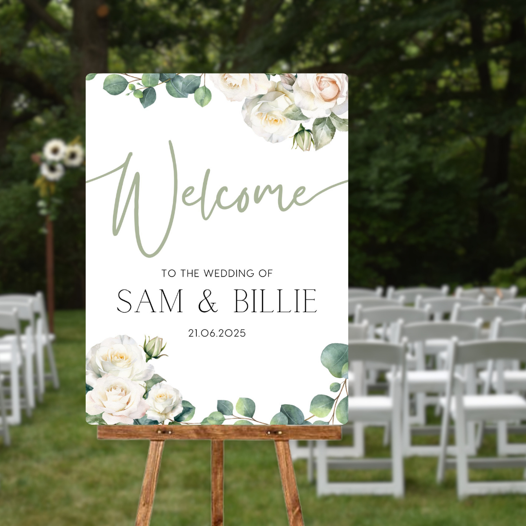 white roses floral wedding welcome sign - personalised wedding signs