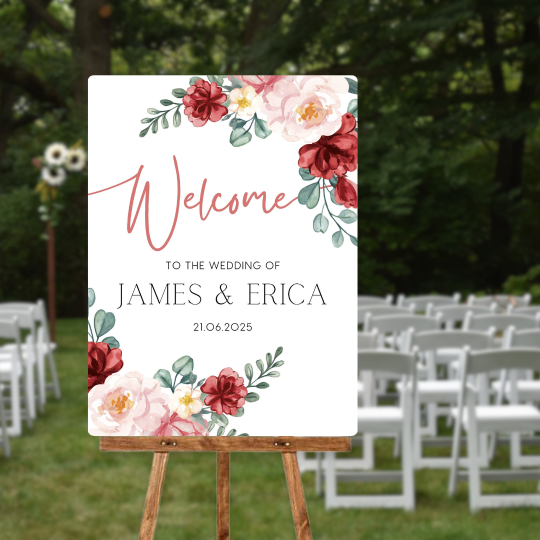 red and cream floral wedding welcome sign - personalised wedding signs