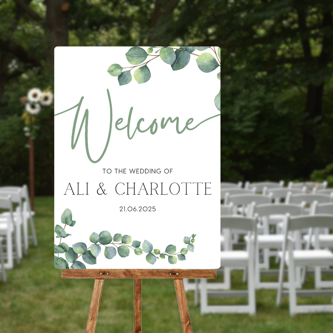 wedding welcome sign featuring eucalyptus foliage