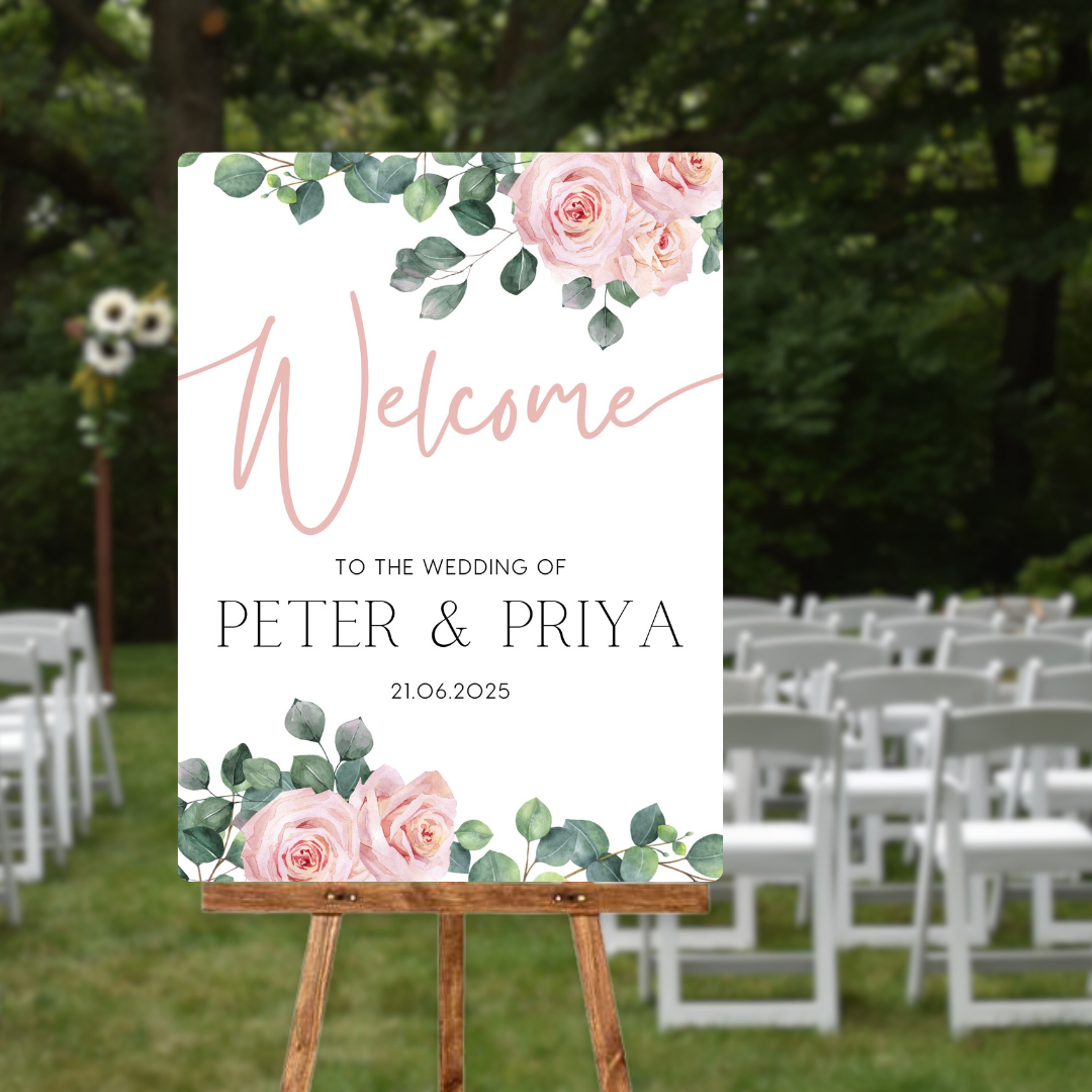 pink roses floral wedding welcome sign - personalised wedding signs