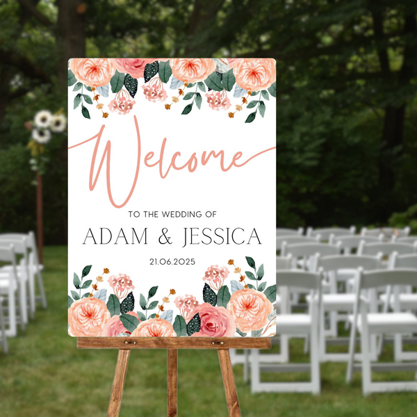 pink and peach floral wedding welcome sign - personalised wedding signs