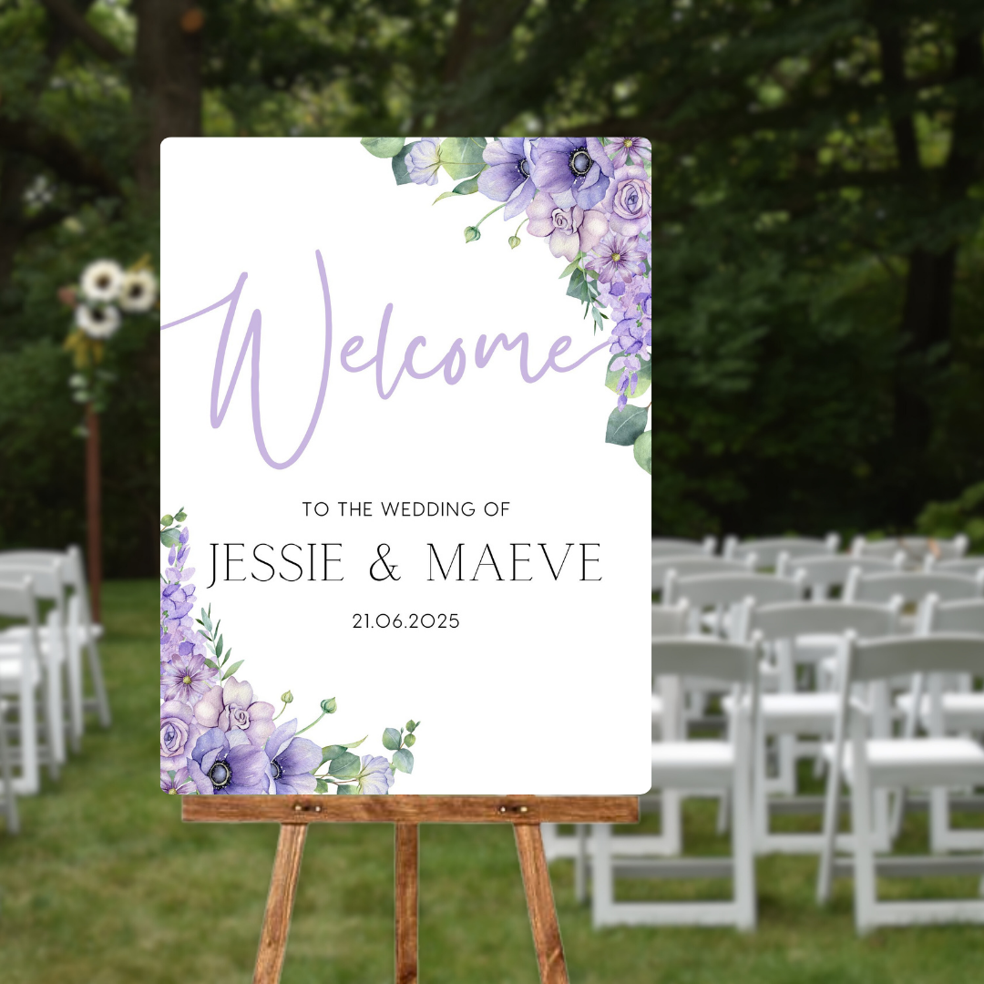 lilac and lavender floral wedding welcome sign - personalised wedding signs