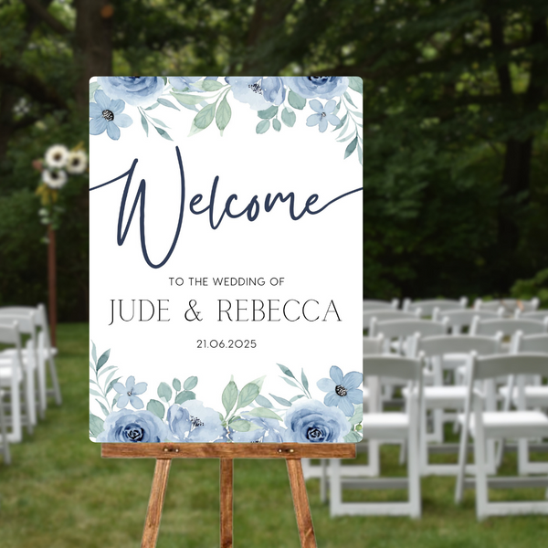 blue floral wedding welcome sign - personalised wedding signs