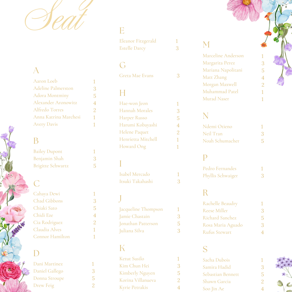 Alphabetical Wedding Seating Plan Chart sign - Our Summer Collection features beautiful wedding stationery and signage with gentle summer colours, vibrant florals, and soft butter yellow text – perfect for adding a fresh, romantic feel to your special day.