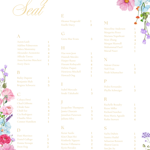 Alphabetical Wedding Seating Plan Chart sign - Our Summer Collection features beautiful wedding stationery and signage with gentle summer colours, vibrant florals, and soft butter yellow text – perfect for adding a fresh, romantic feel to your special day.