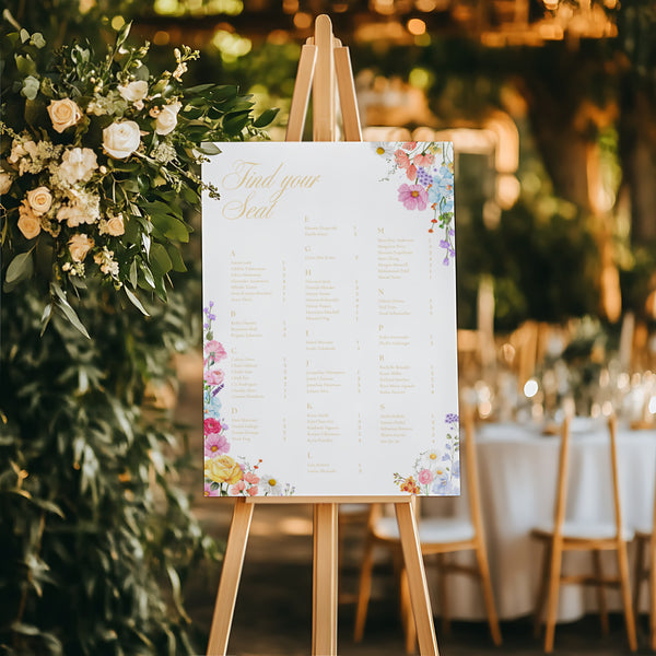 Alphabetical Wedding Seating Plan Chart sign - Our Summer Collection features beautiful wedding stationery and signage with gentle summer colours, vibrant florals, and soft butter yellow text – perfect for adding a fresh, romantic feel to your special day.