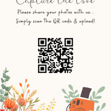 autumn wedding guests photo upload sign with qr code - capture the love wedding reception sign