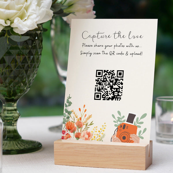 autumn floral photo sharing qr code sign for wedding tables - luxury wedding table signage for guests to share photos