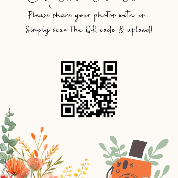 autumn floral photo sharing qr code sign for wedding tables - luxury wedding table signage for guests to share photos