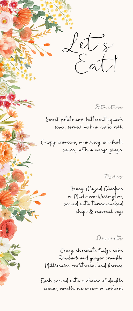 elegant autumnal wedding menu - personalised autumnal floral wedding breakfast menu