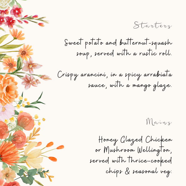 elegant autumnal wedding menu - personalised autumnal floral wedding breakfast menu