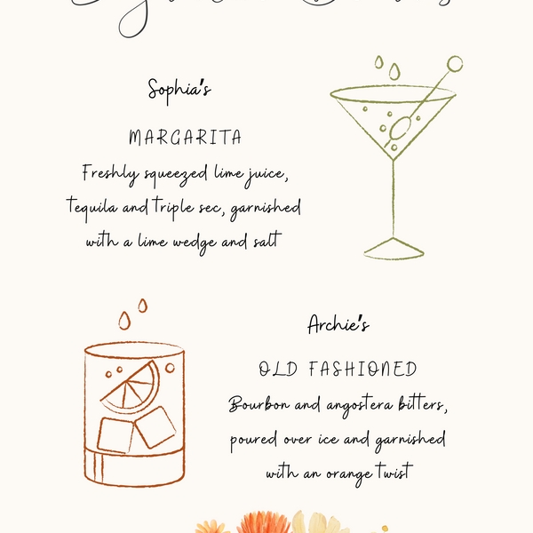 autumnal his and hers signature drinks - autumn wedding signature cocktails - personalised wedding signage