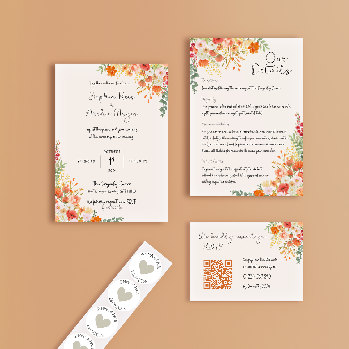 autumnal wedding stationery essentials bundle - wedding stationery bundle customised - wedding invites bundle with rsvp - personalised wedding invites rsvp bundle