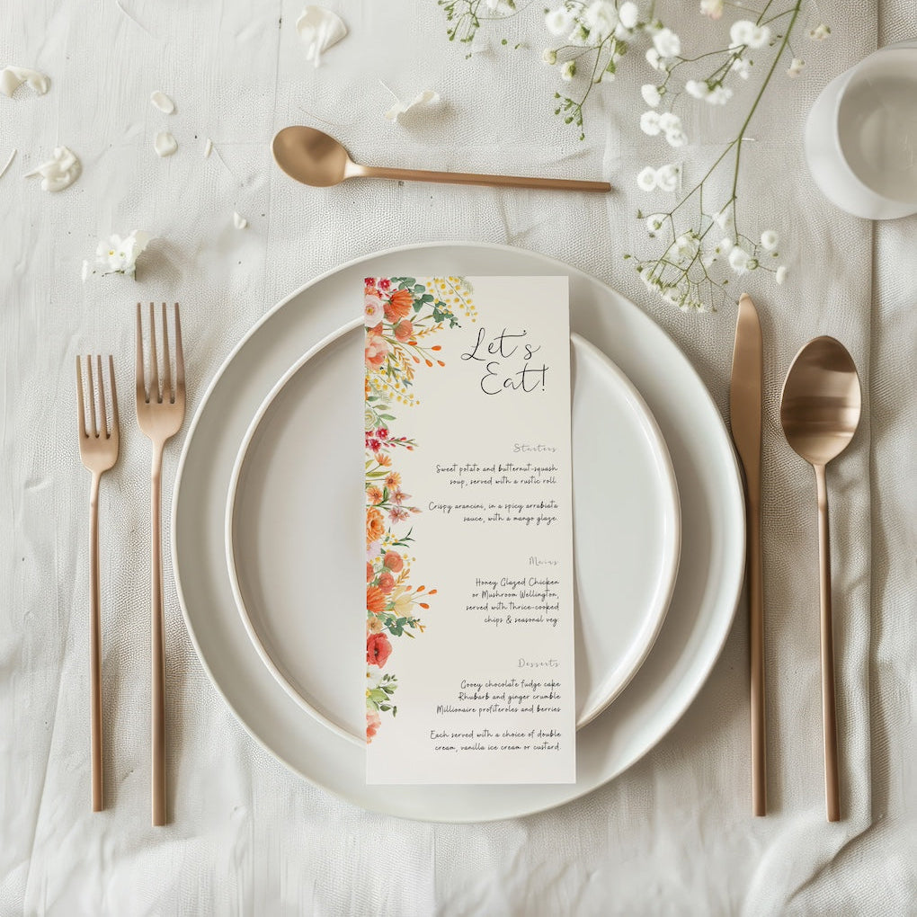 elegant autumnal wedding menu - personalised autumnal floral wedding breakfast menu