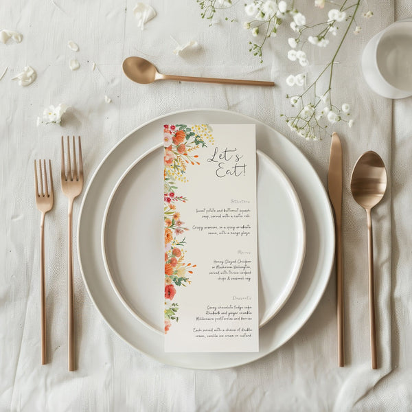 elegant autumnal wedding menu - personalised autumnal floral wedding breakfast menu