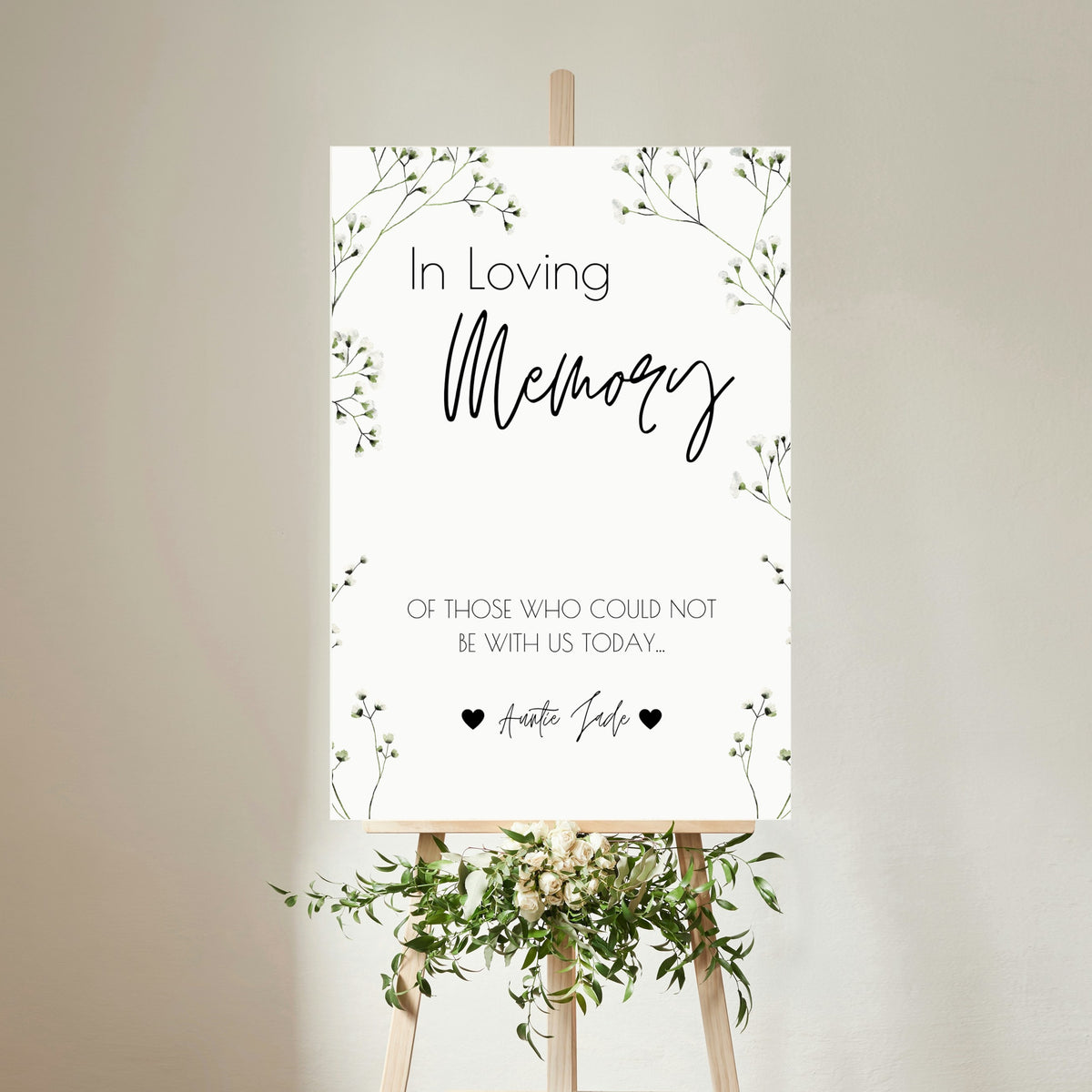 baby's breath floral in loving memory table sign - affordable personalised wedding signs