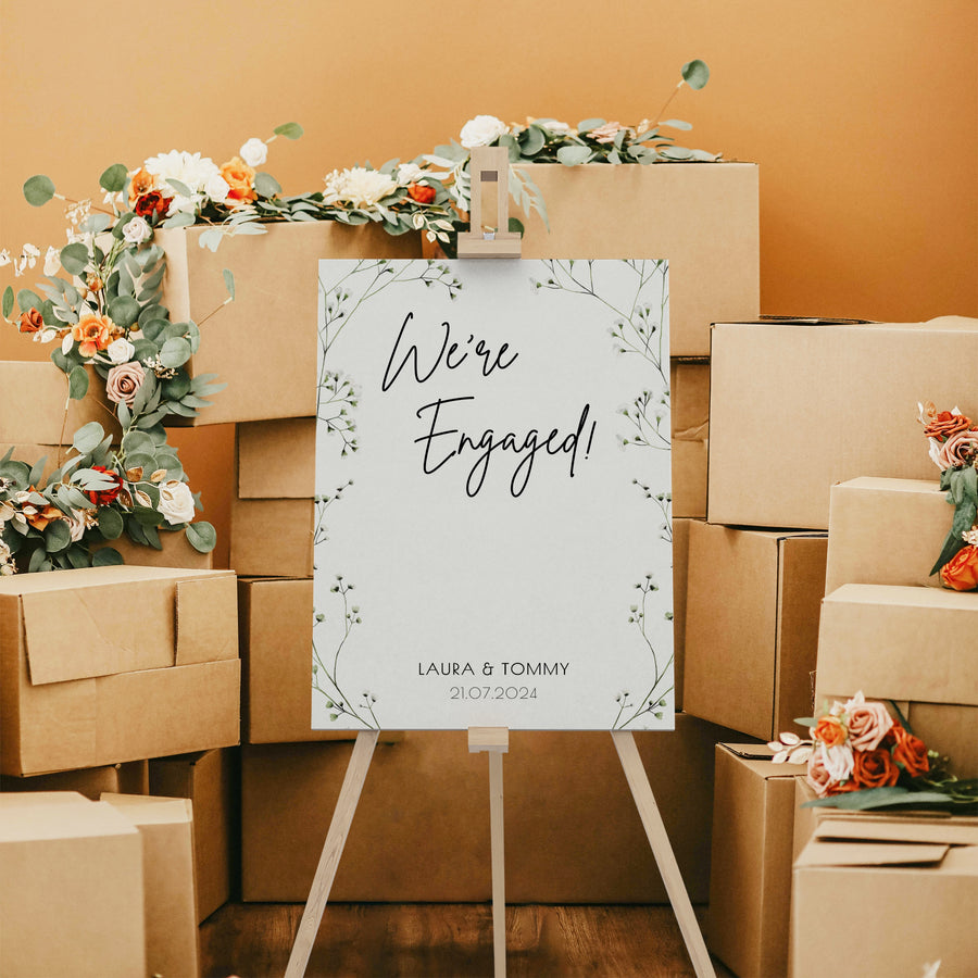 Custom Baby's Breath Floral "We're Engaged!" Engagement Party Sign