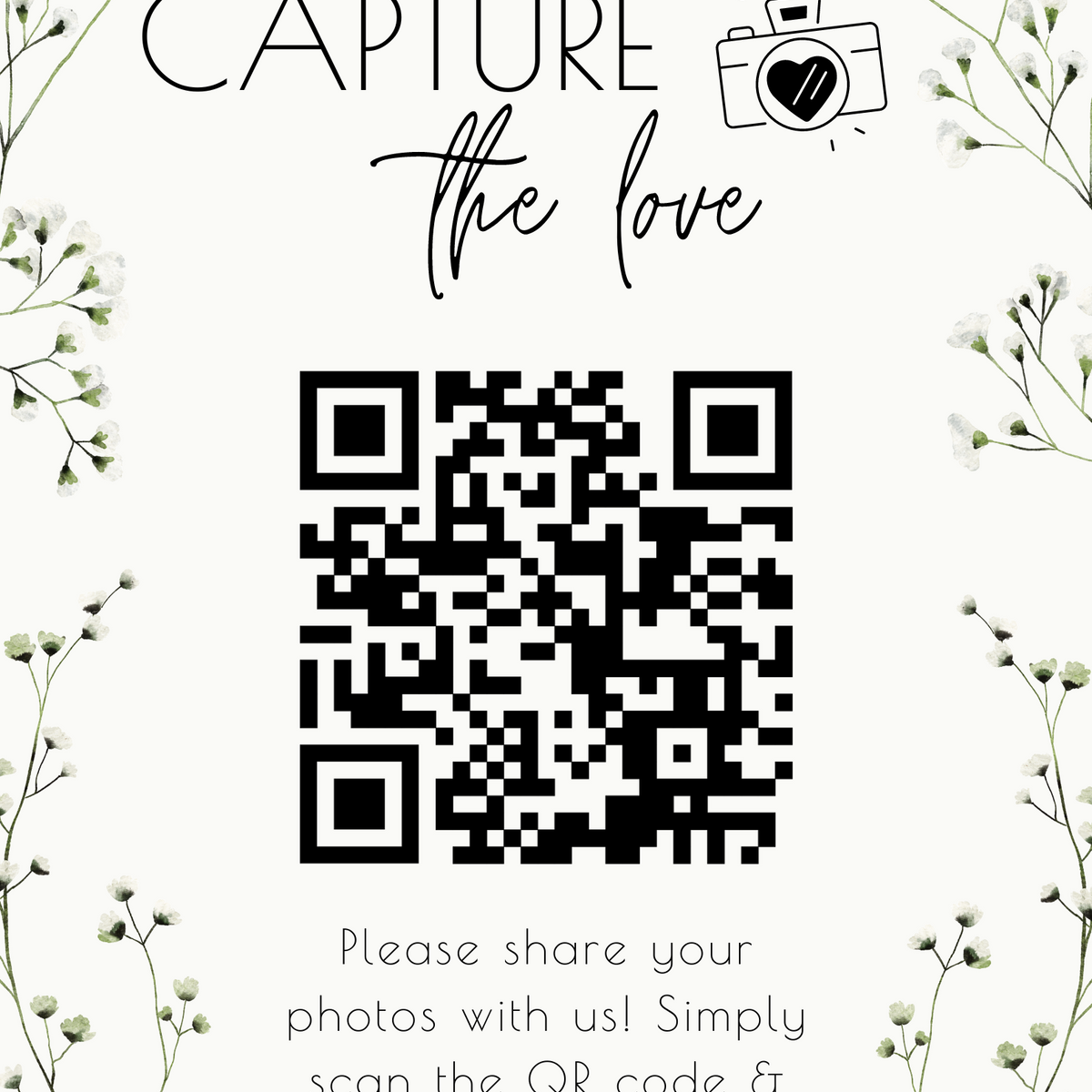 baby's breath floral guest photo sharing QR code sign - personalised wedding reception sign