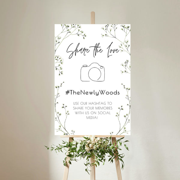 baby's breath floral wedding hashtag sign - personalised wedding signs online