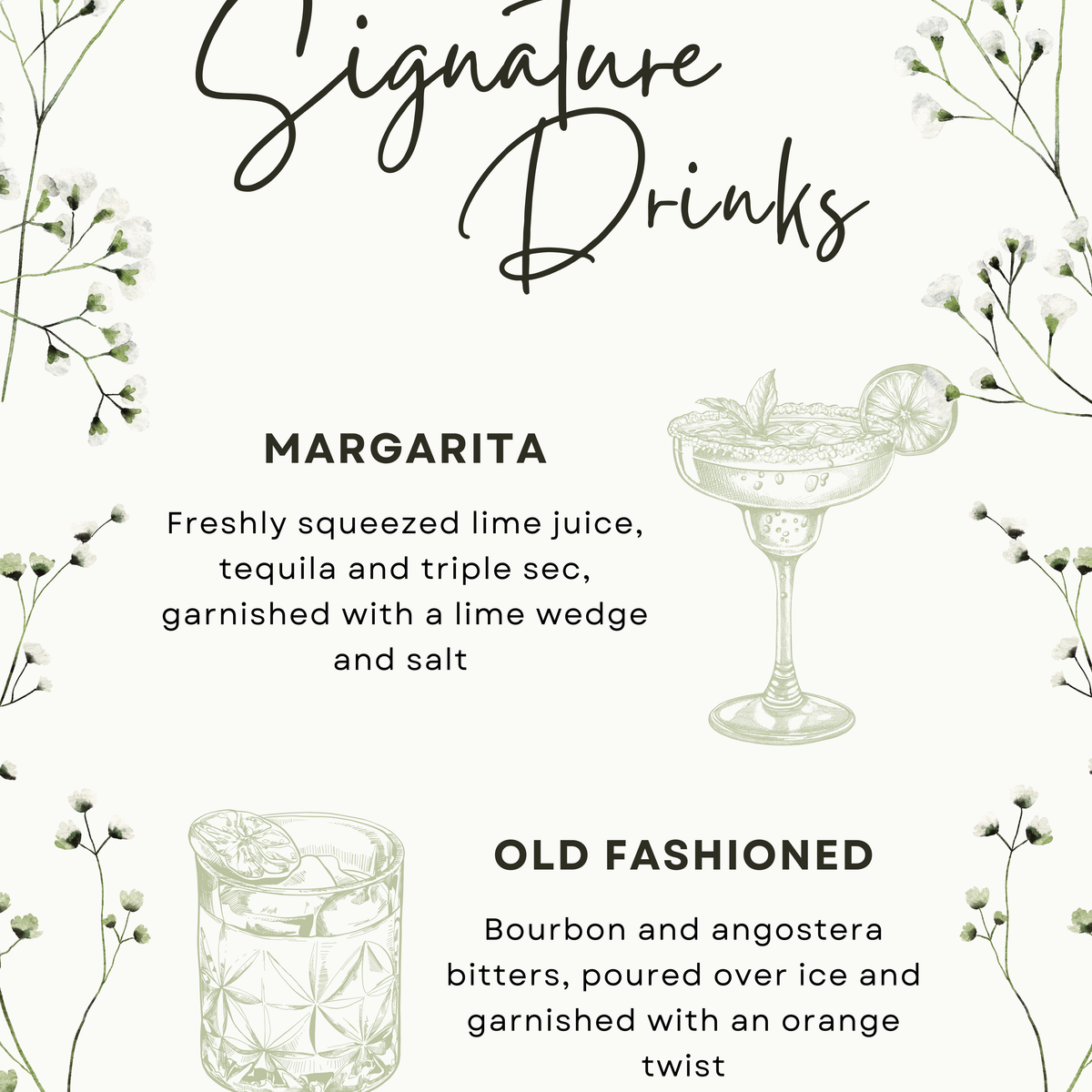 baby's breath floral Wedding Signature Drinks Sign - Elegant signature drinks sign personalised