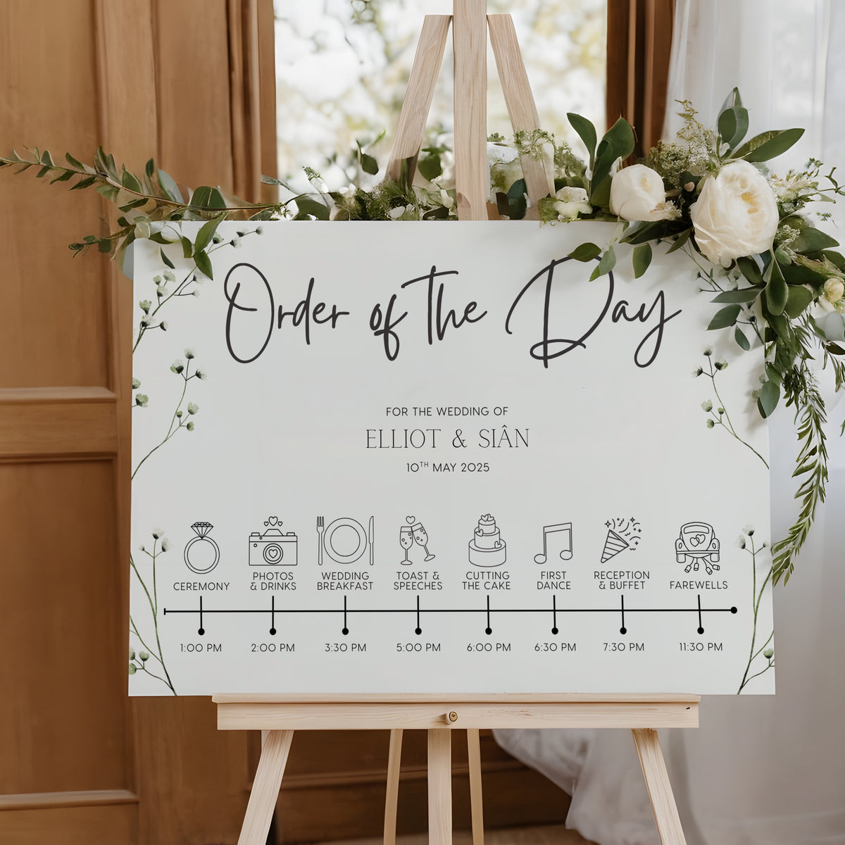 Baby's Breath floral wedding order of the day board - a sophisticated sign with elegant black text on an off-white background, featuring delicate baby's breath graphics. 