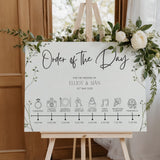 Baby's Breath floral wedding order of the day board - a sophisticated sign with elegant black text on an off-white background, featuring delicate baby's breath graphics. 