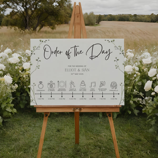 Baby's Breath floral wedding order of the day board - a sophisticated sign with elegant black text on an off-white background, featuring delicate baby's breath graphics. 