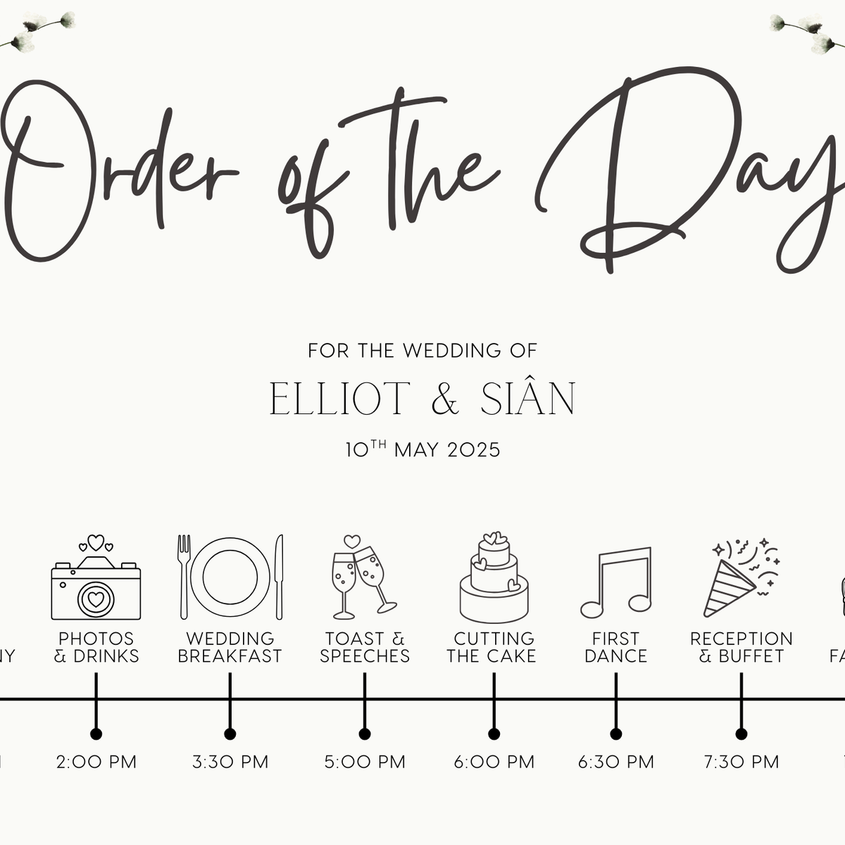 Baby's Breath floral wedding order of the day board - a sophisticated sign with elegant black text on an off-white background, featuring delicate baby's breath graphics. 