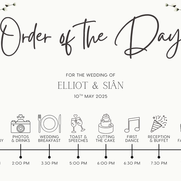 Baby's Breath floral wedding order of the day board - a sophisticated sign with elegant black text on an off-white background, featuring delicate baby's breath graphics. 