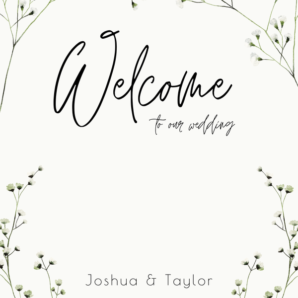 baby's breath floral wedding welcome sign, featuring a natural off-white background, and delicate gypsophila florals, for that dainty elegant aesthetic.