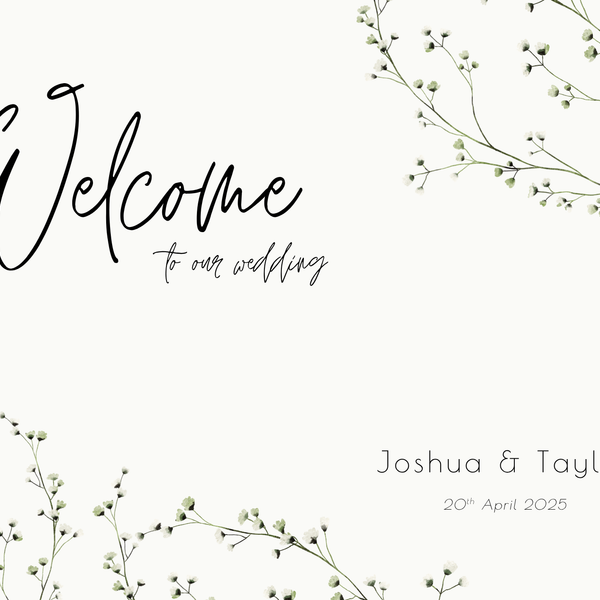 baby's breath floral wedding welcome sign, featuring a natural off-white background, and delicate gypsophila florals, for that dainty elegant aesthetic.