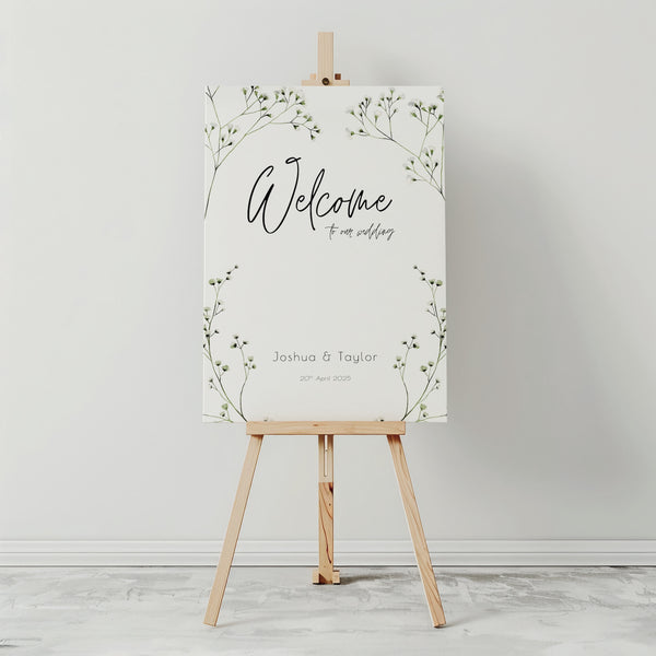 baby's breath floral wedding welcome sign, featuring a natural off-white background, and delicate gypsophila florals, for that dainty elegant aesthetic.