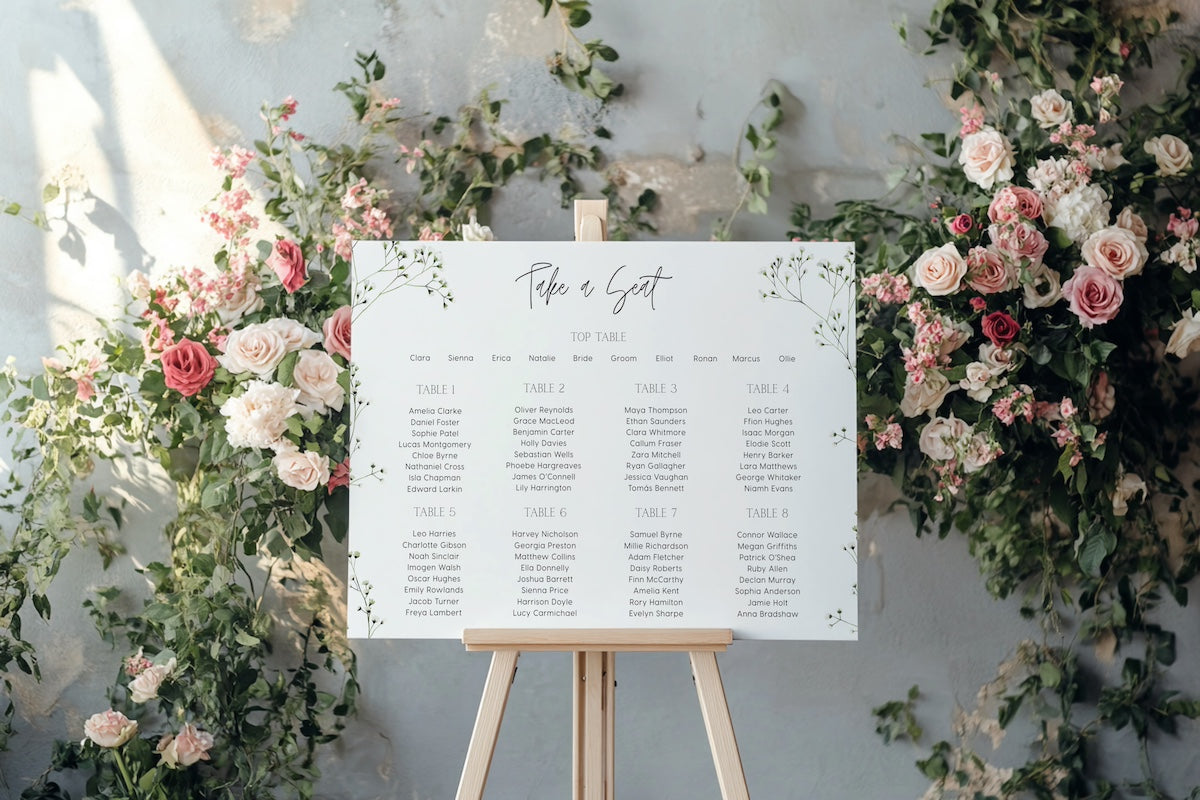 Baby's breath floral wedding seating plan sign - personalised wedding signs