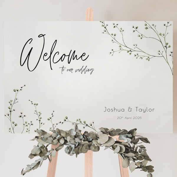 baby's breath floral wedding welcome sign, featuring a natural off-white background, and delicate gypsophila florals, for that dainty elegant aesthetic.