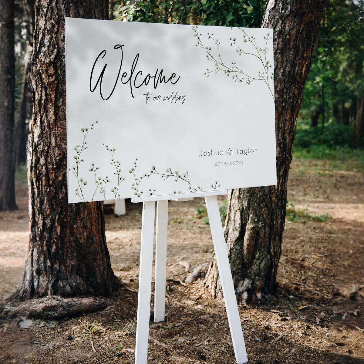 baby's breath floral wedding welcome sign, featuring a natural off-white background, and delicate gypsophila florals, for that dainty elegant aesthetic.