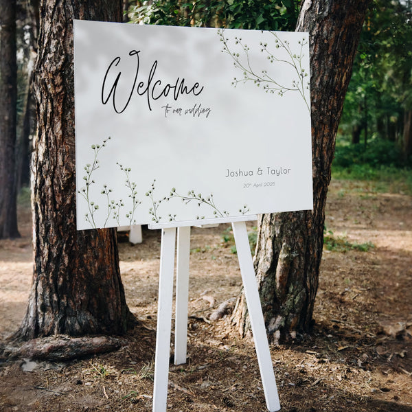 baby's breath floral wedding welcome sign, featuring a natural off-white background, and delicate gypsophila florals, for that dainty elegant aesthetic.