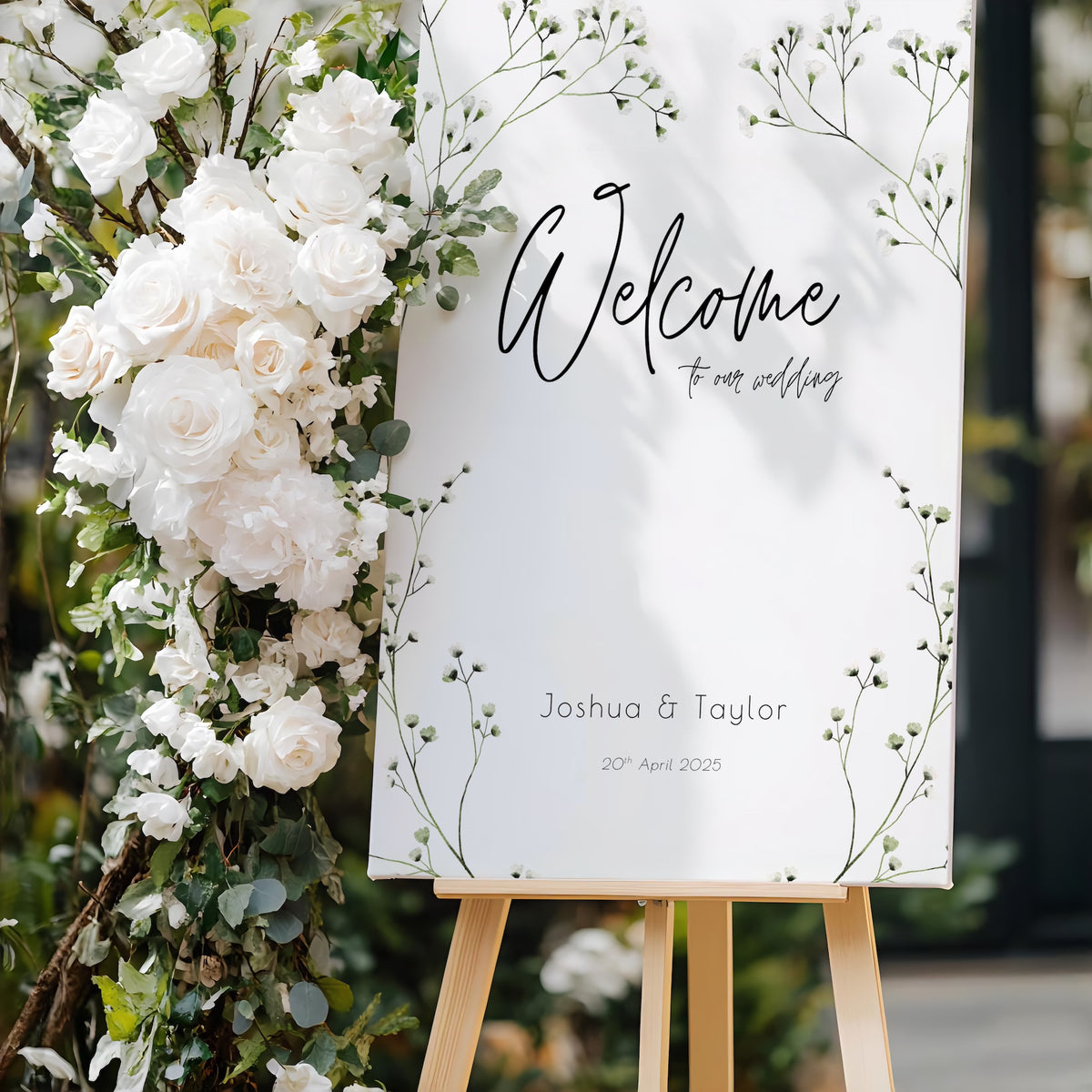 baby's breath floral wedding welcome sign, featuring a natural off-white background, and delicate gypsophila florals, for that dainty elegant aesthetic.
