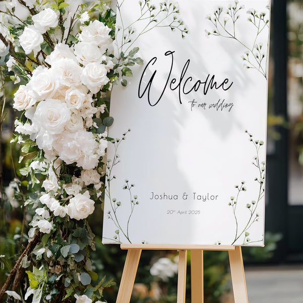 baby's breath floral wedding welcome sign, featuring a natural off-white background, and delicate gypsophila florals, for that dainty elegant aesthetic.