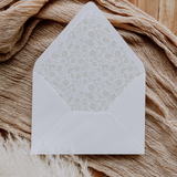 A flat lay of elegant wedding invitation envelopes, partially open to reveal beautifully designed envelope liners in various styles, including floral, modern, and classic patterns. The envelope inserts add a touch of luxury and sophistication to the stationery set.