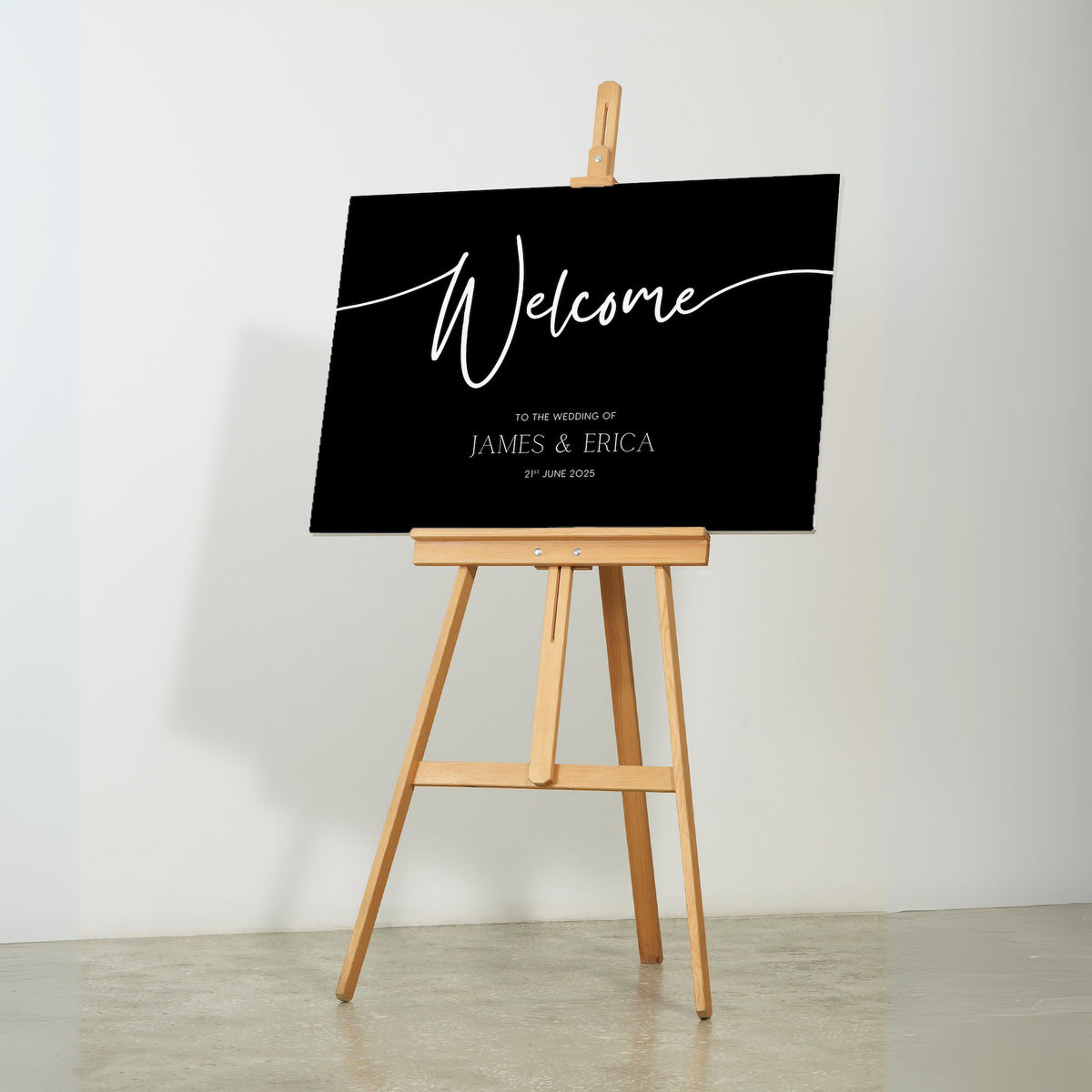 Black wedding welcome sign with custom details - a sleek black background with crisp white text, for a modern and sophisticated welcome to your special day
