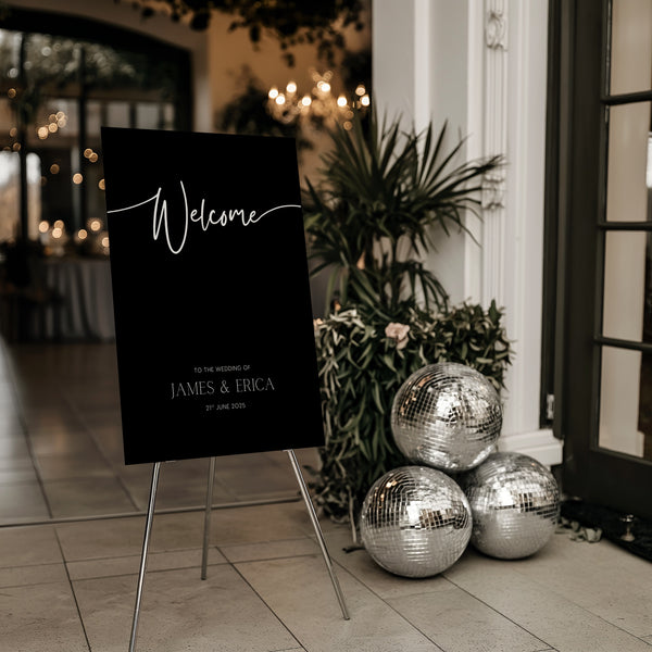 Black wedding welcome sign with custom details - a sleek black background with crisp white text, for a modern and sophisticated welcome to your special day