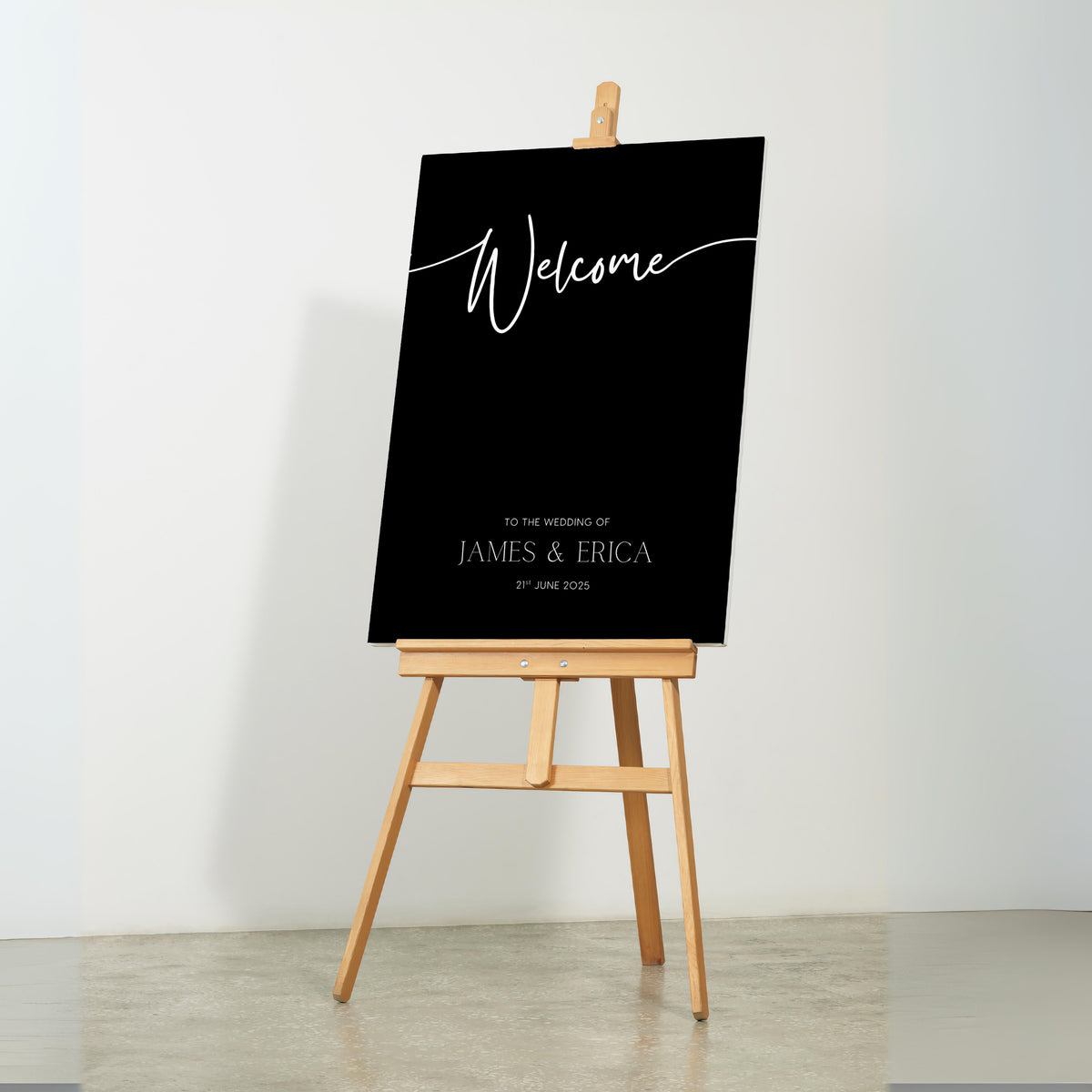 Black wedding welcome sign with custom details - a sleek black background with crisp white text, for a modern and sophisticated welcome to your special day