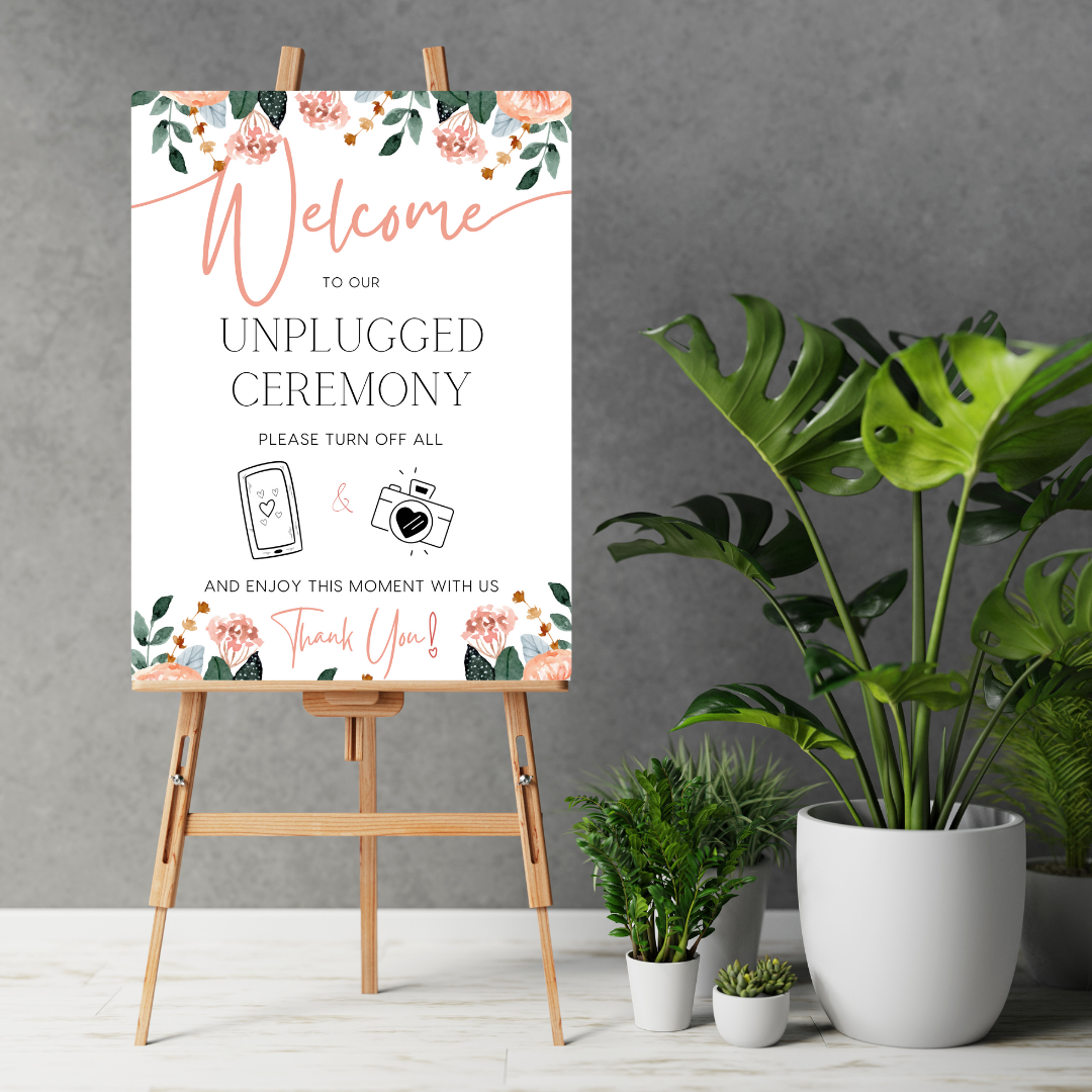 pink and peach floral unplugged ceremony sign - personalised wedding signs