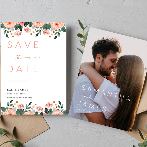 pink and peach floral wedding save the date invites - affordable save the dates