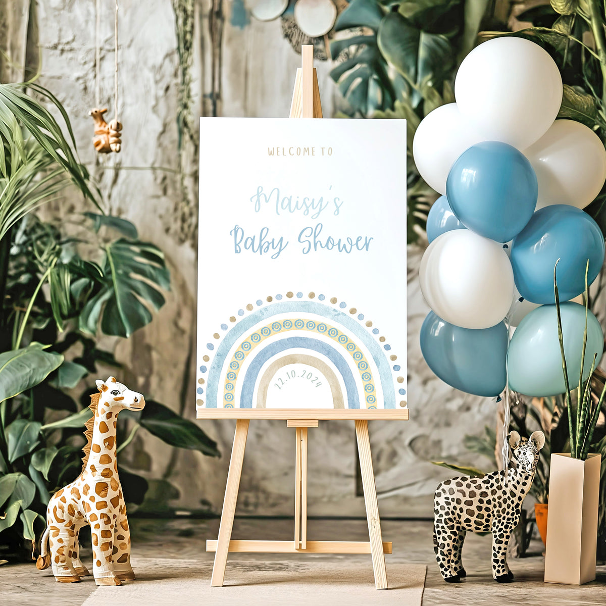 Blue Boho Rainbow Baby Shower Welcome Sign