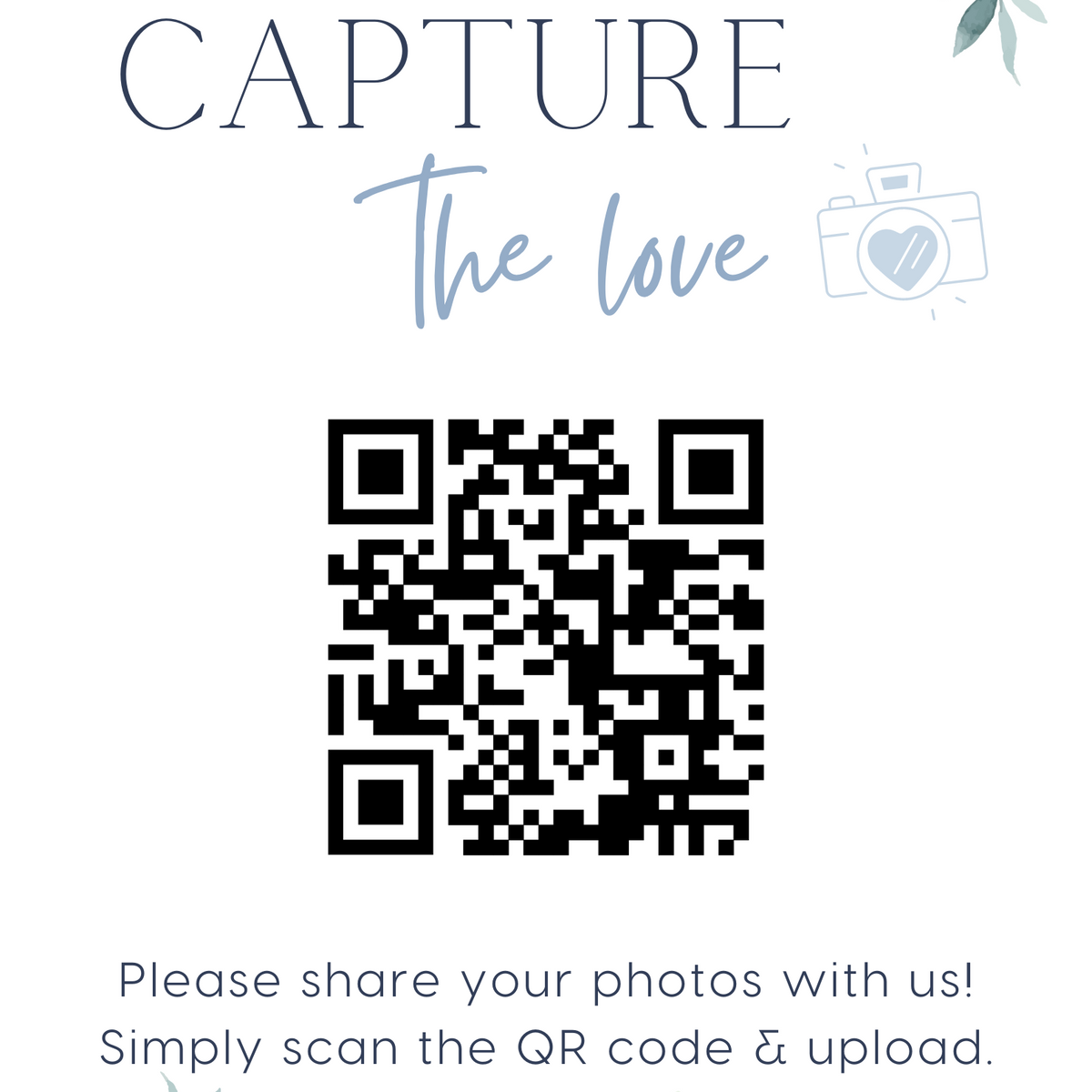 blue floral guest photo sharing QR code sign - personalised wedding reception sign